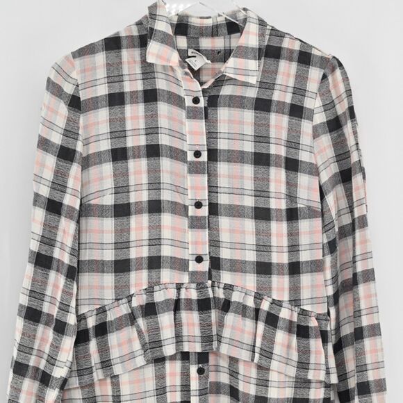 CLUB MONACO Dress Womens Size 6 Midi Flannel Shirt Plaid Peplum Waist Wool Blend - Picture 2 of 10